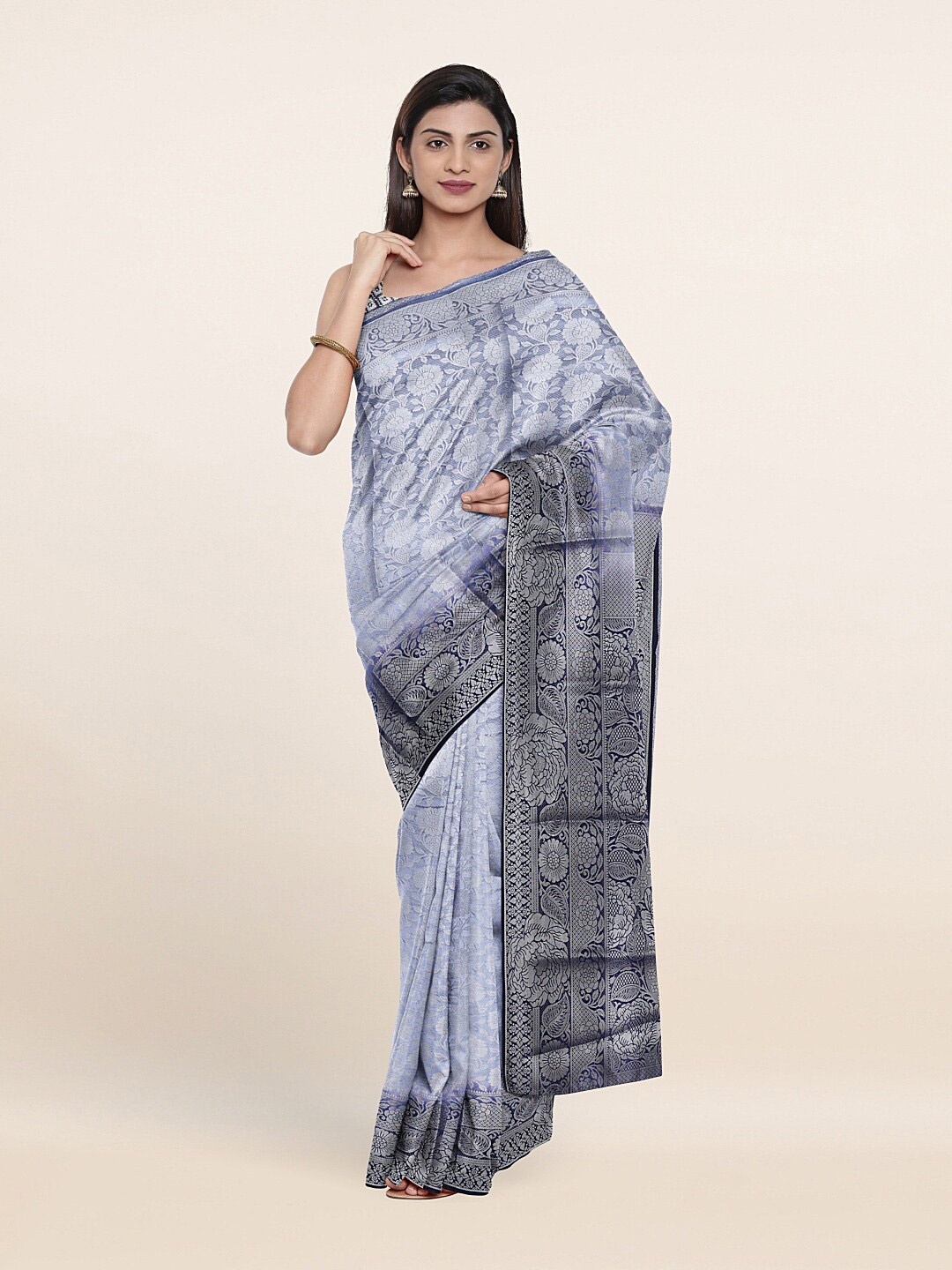 

Pothys Blue & Silver-Toned Floral Art Silk Saree