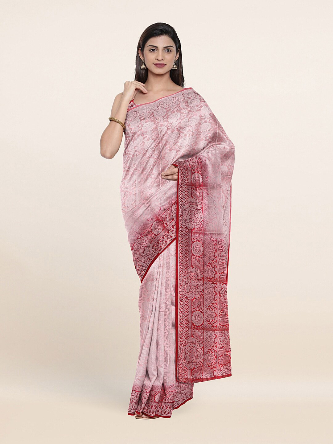 

Pothys Pink & Silver-Toned Floral Art Silk Saree