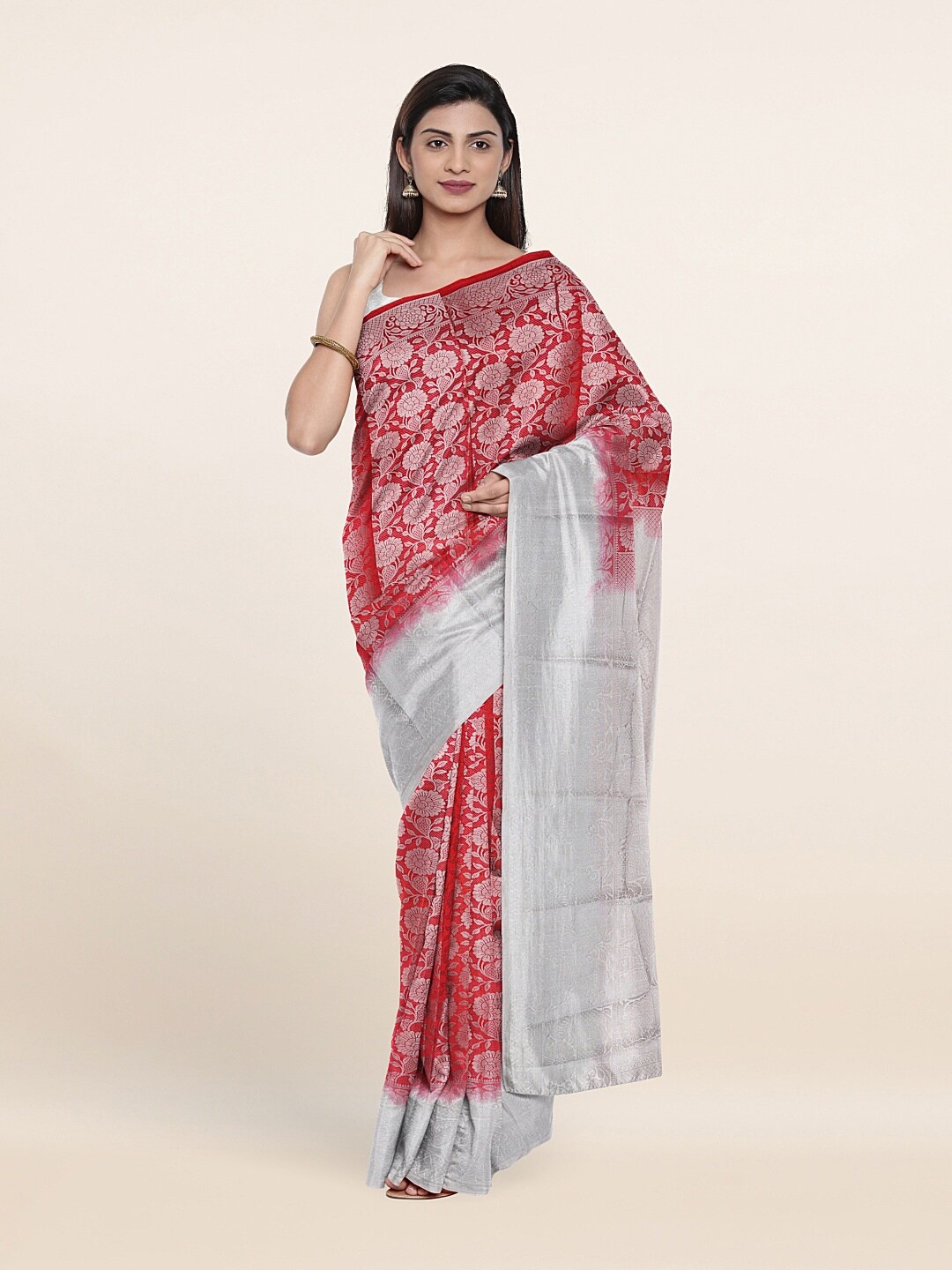 

Pothys Red & Grey Floral Art Silk Saree