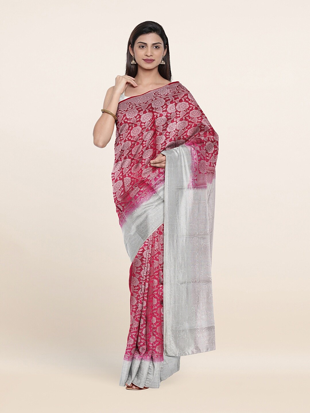 

Pothys Pink & Silver-Coloured Ethnic Motifs Art Silk Saree