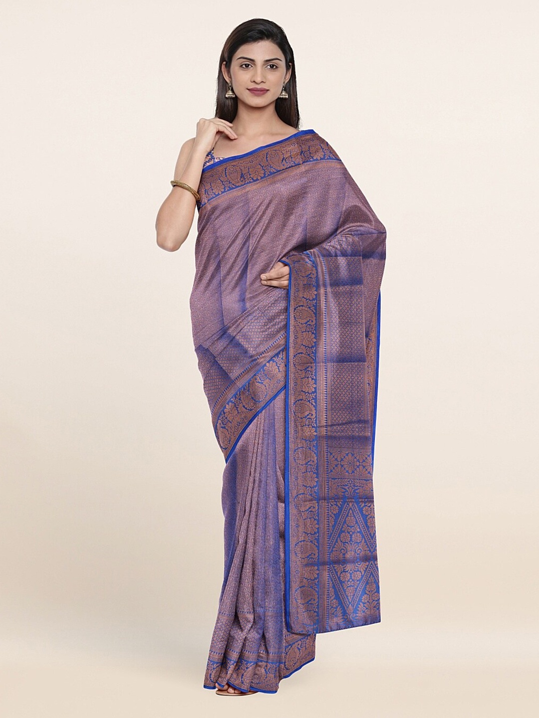 

Pothys Blue & Gold-Toned Floral Art Silk Saree