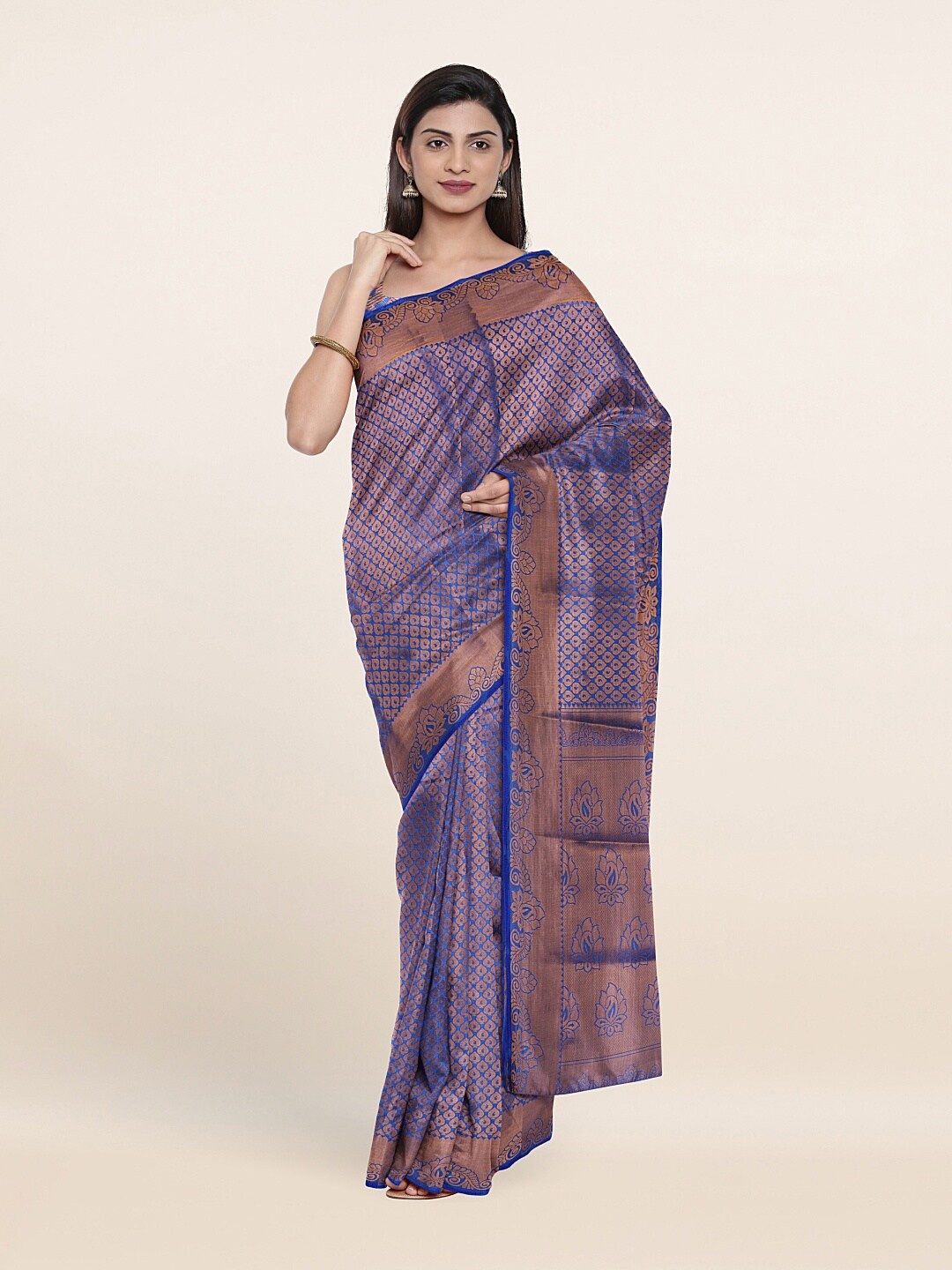 

Pothys Blue & Copper-Toned Ethnic Motifs Zari Art Silk Saree