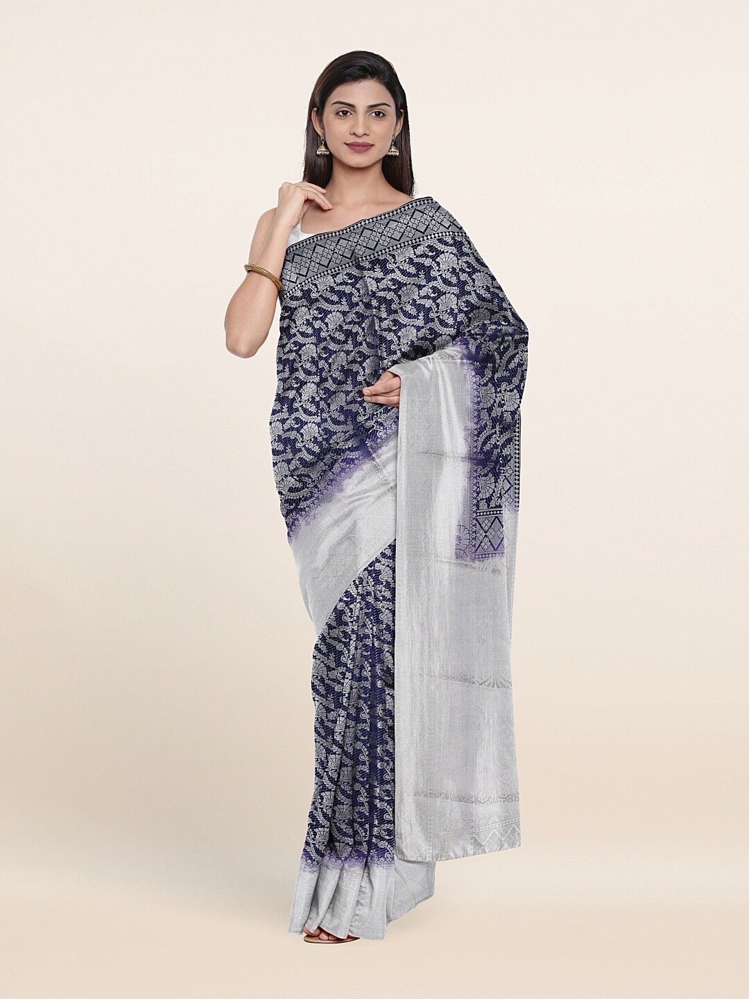 

Pothys Navy Blue & Silver-Toned Woven Design Art Silk Saree