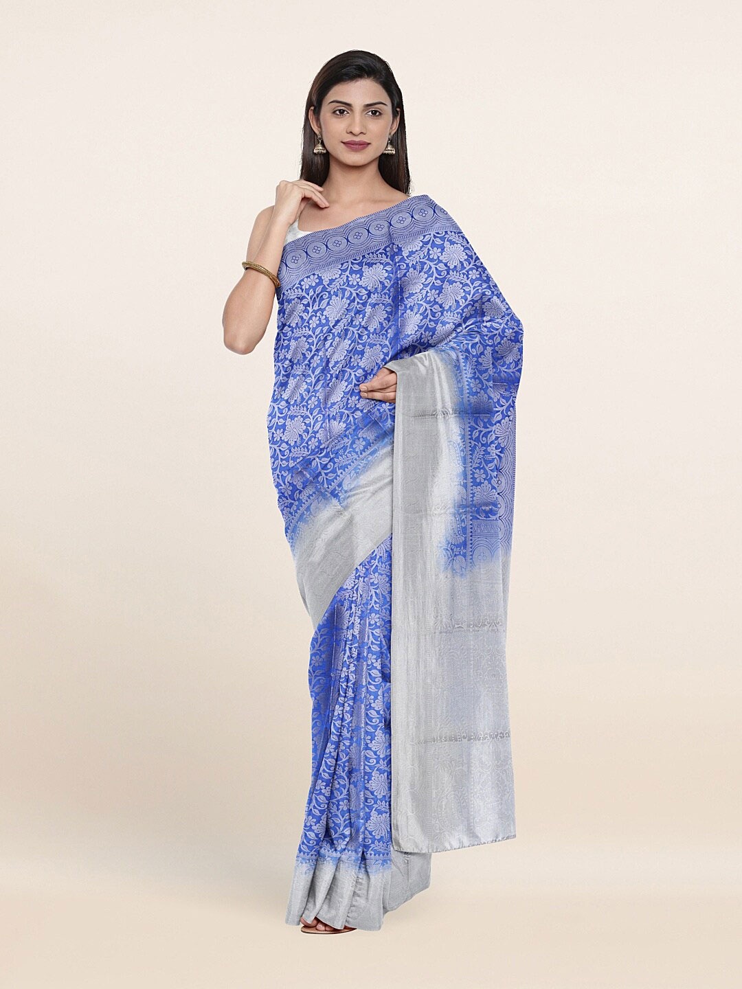 

Pothys Blue & Silver-Toned Ethnic Motifs Art Silk Saree