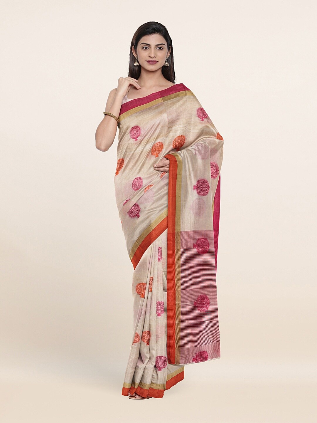 

Pothys Cream-Coloured & Pink Printed Saree