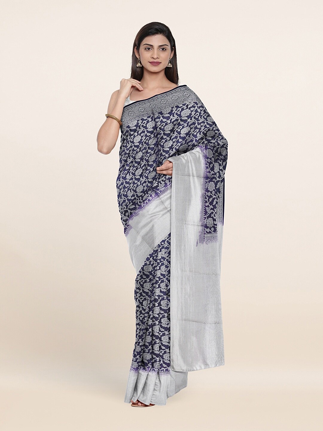 

Pothys Navy Blue & Silver-Coloured Ethnic Motifs Art Silk Saree