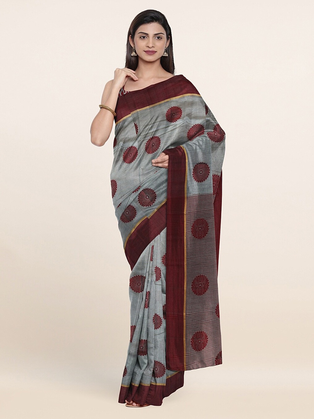 

Pothys Grey & Maroon Floral Zari Saree