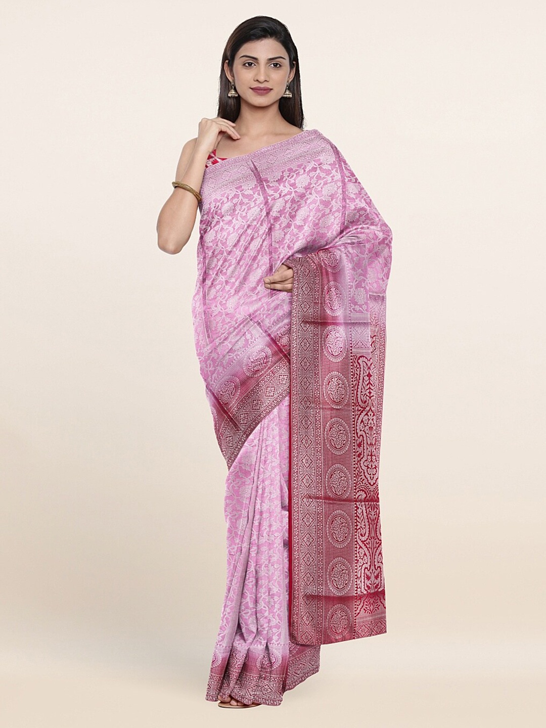 

Pothys Pink & Silver-Toned Floral Art Silk Saree