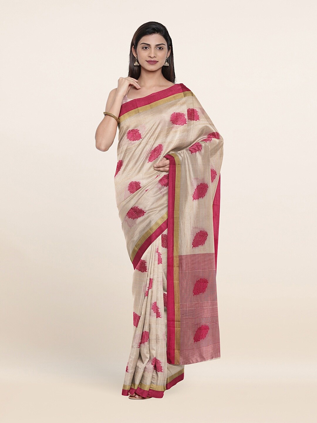 

Pothys Tan & Pink Floral Embroidered Saree