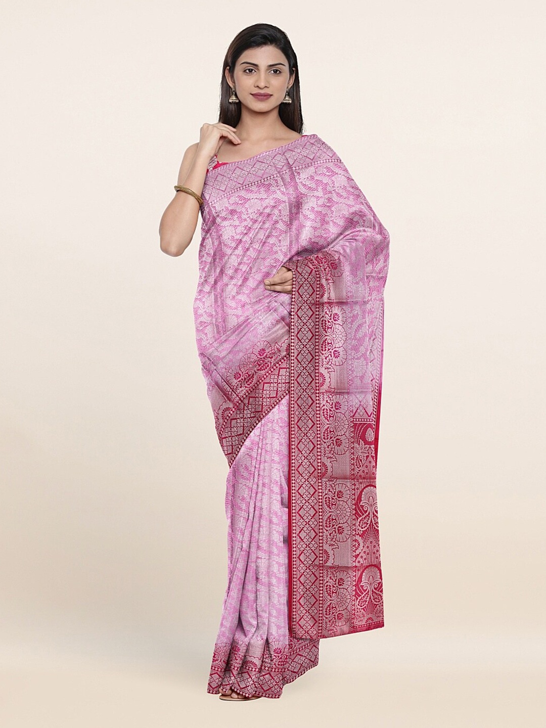 

Pothys Pink & Silver-Coloured Woven Design Zari Art Silk Saree