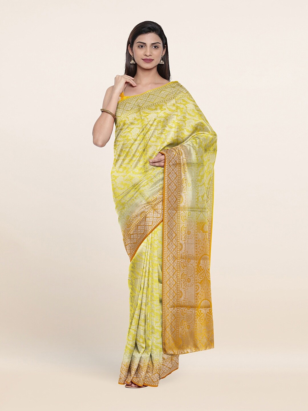 

Pothys Yellow & Silver-Toned Ethnic Motifs Art Silk Saree