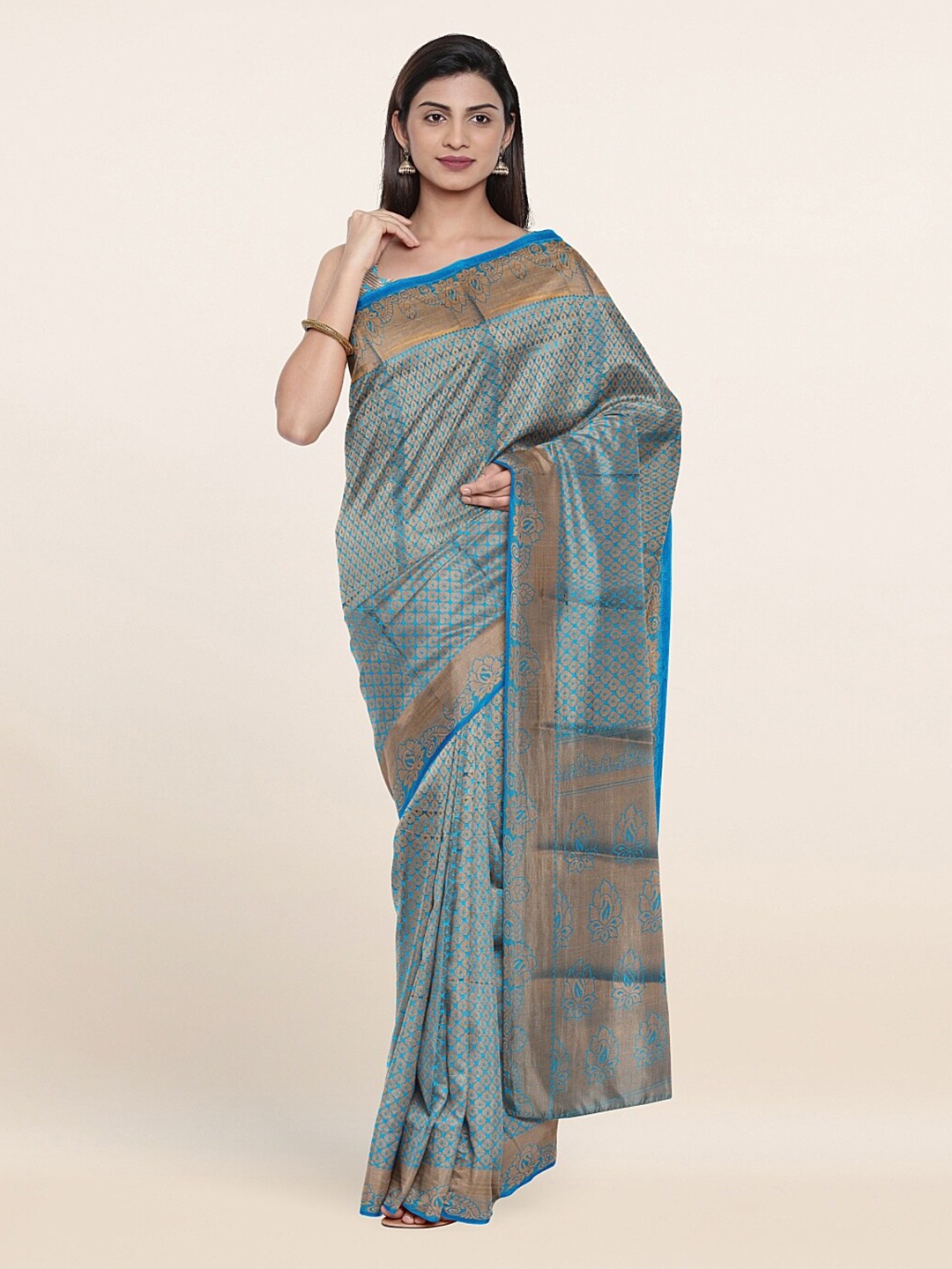 

Pothys Blue & Gold-Toned Ethnic Motifs Zari Art Silk Saree