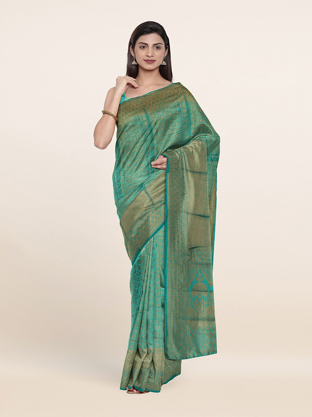 

Pothys Green & Gold-Toned Floral Art Silk Saree