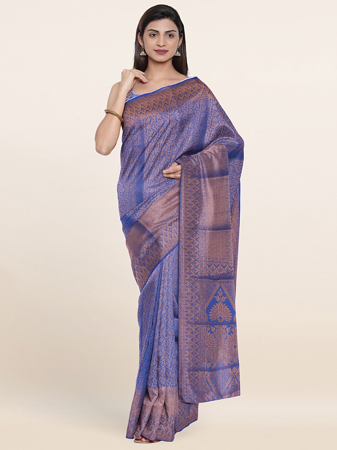 

Pothys Blue & Gold-Toned Floral Zari Art Silk Saree