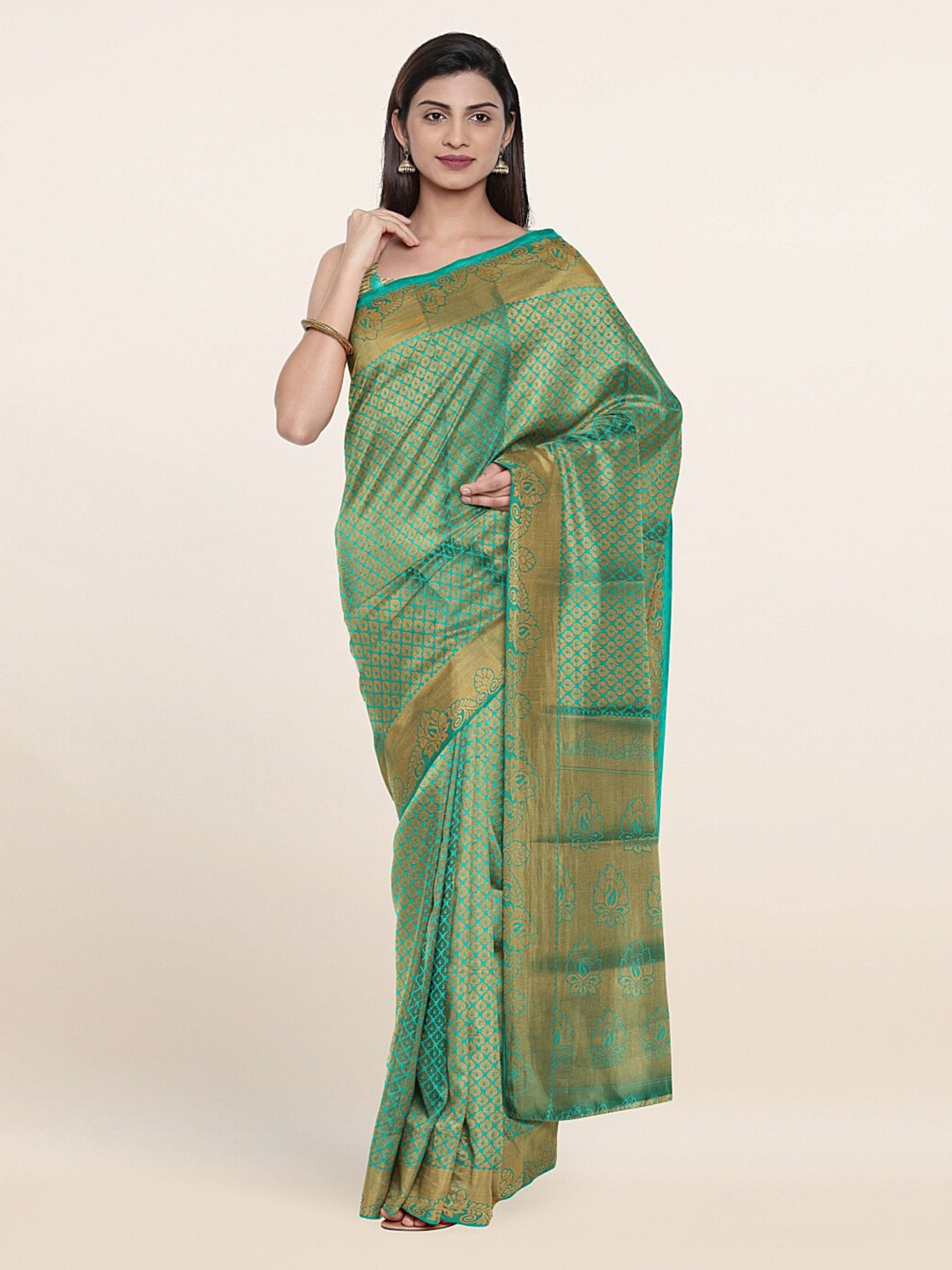

Pothys Green & Gold-Toned Floral Embroidered Art Silk Saree