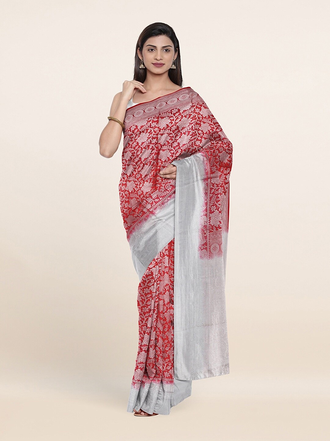 

Pothys Red & Silver-Toned Woven Design Zari Art Silk Saree