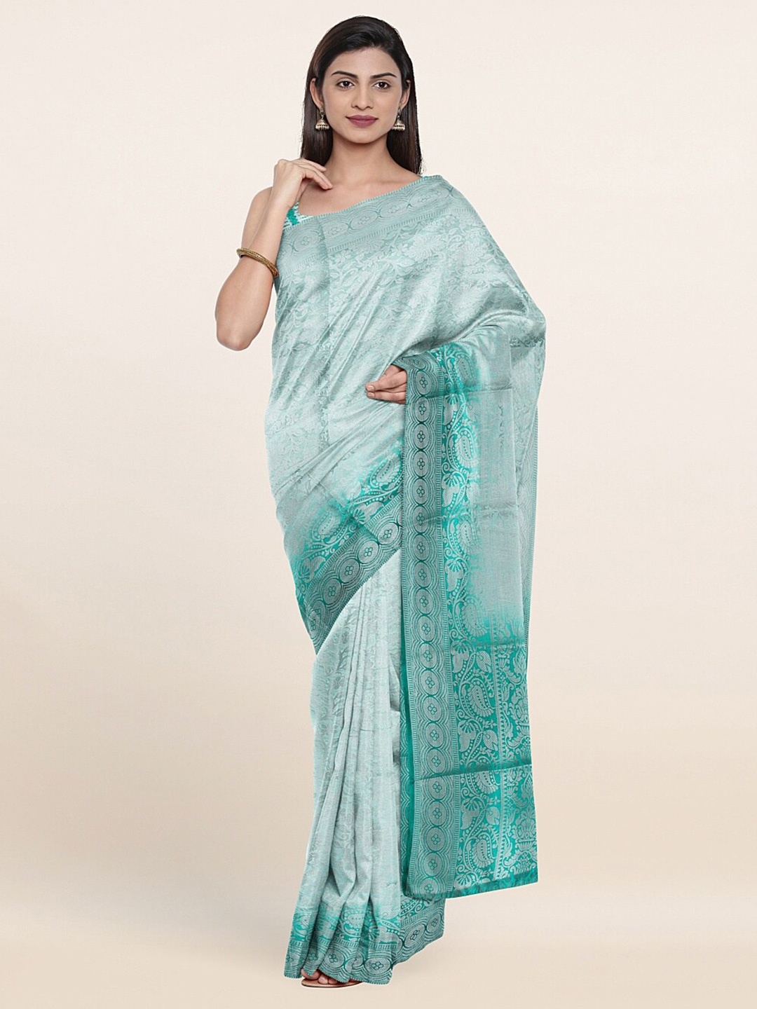 

Pothys Green & Silver-Toned Woven Design Zari Art Silk Saree