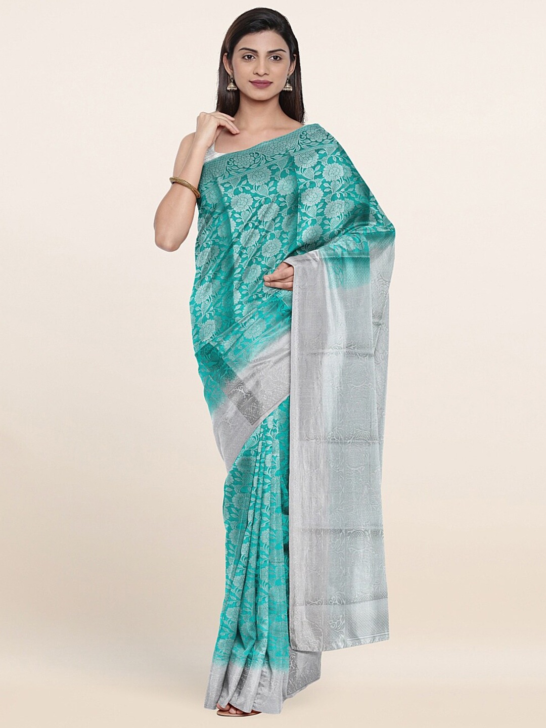 

Pothys Green & Grey Floral Zari Art Silk Saree