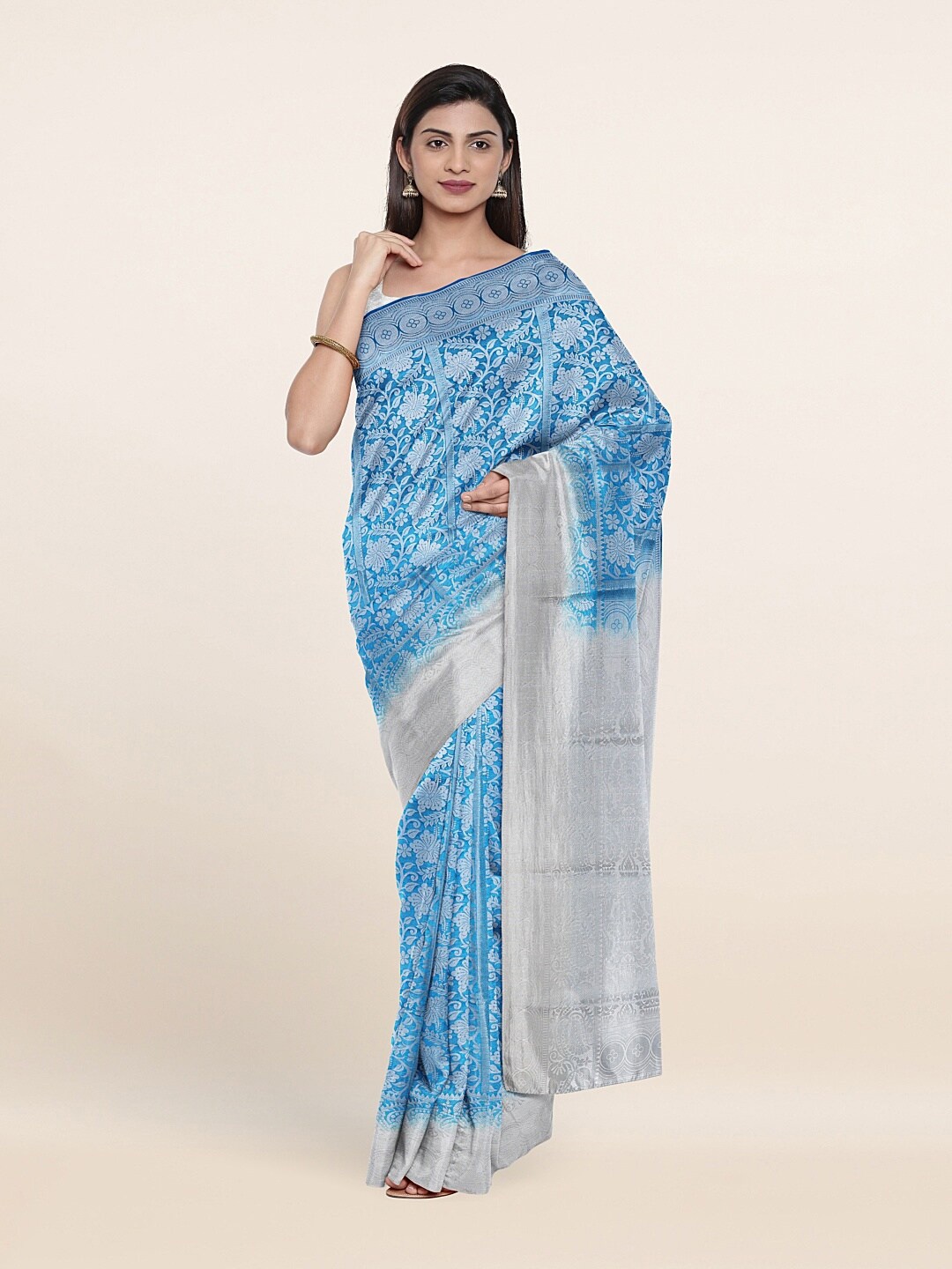 

Pothys Blue & White Floral Art Silk Saree, Turquoise blue