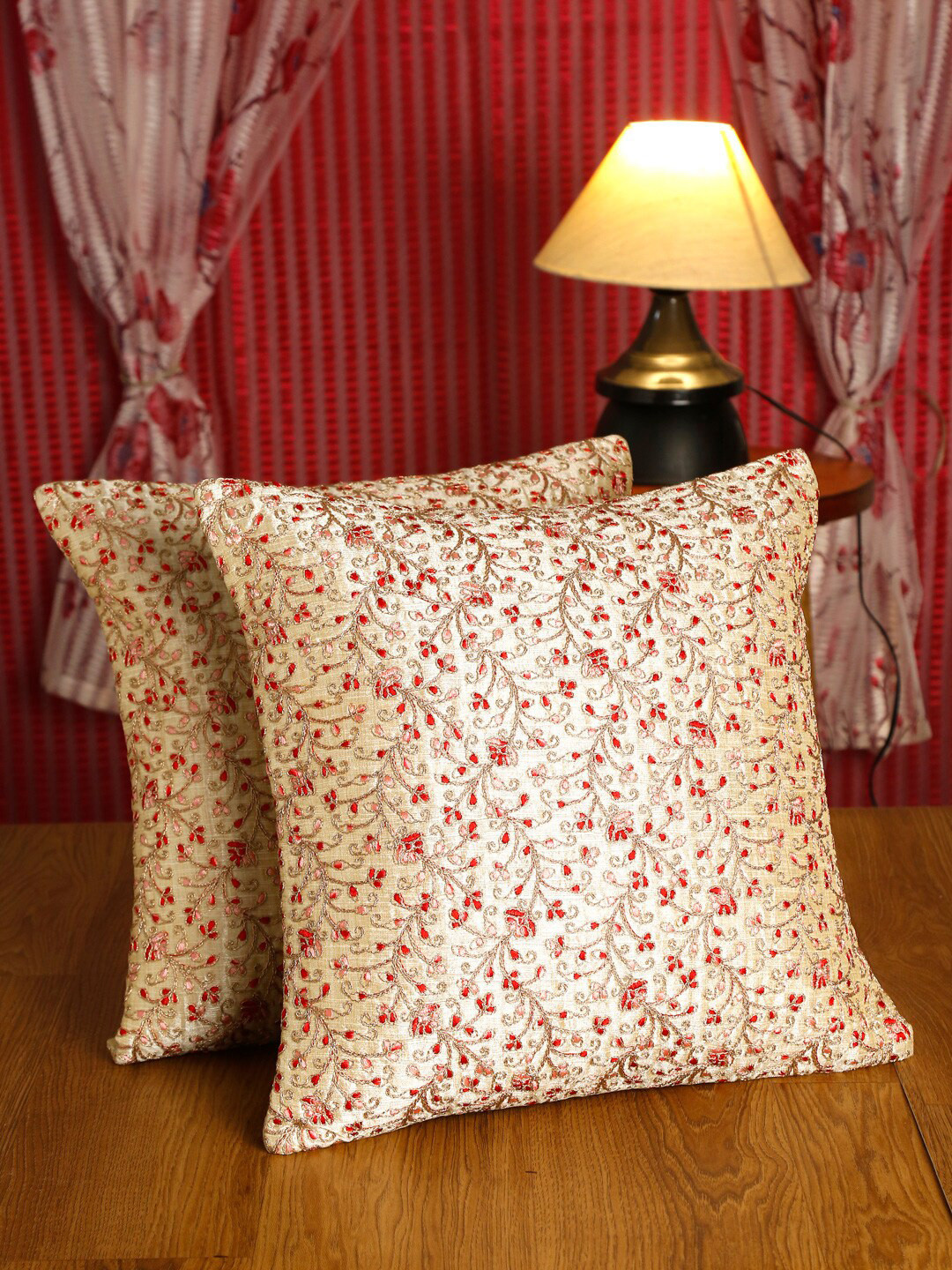 

HOSTA HOMES Cream-Coloured & Red Set of 2 Embroidered Square Cushion Covers