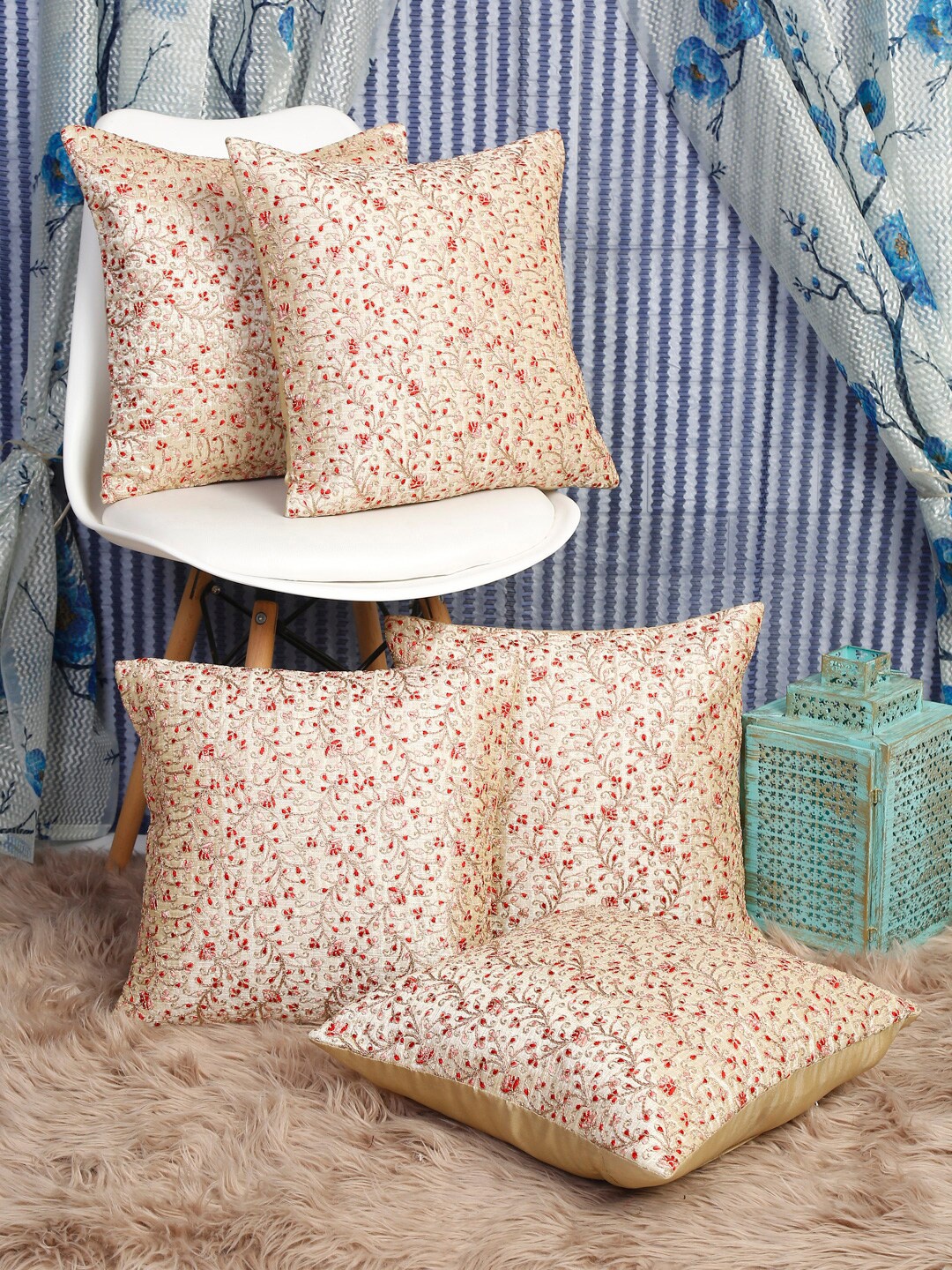 

HOSTA HOMES Cream-Coloured & Red Set of 5 Embroidered Square Cushion Covers