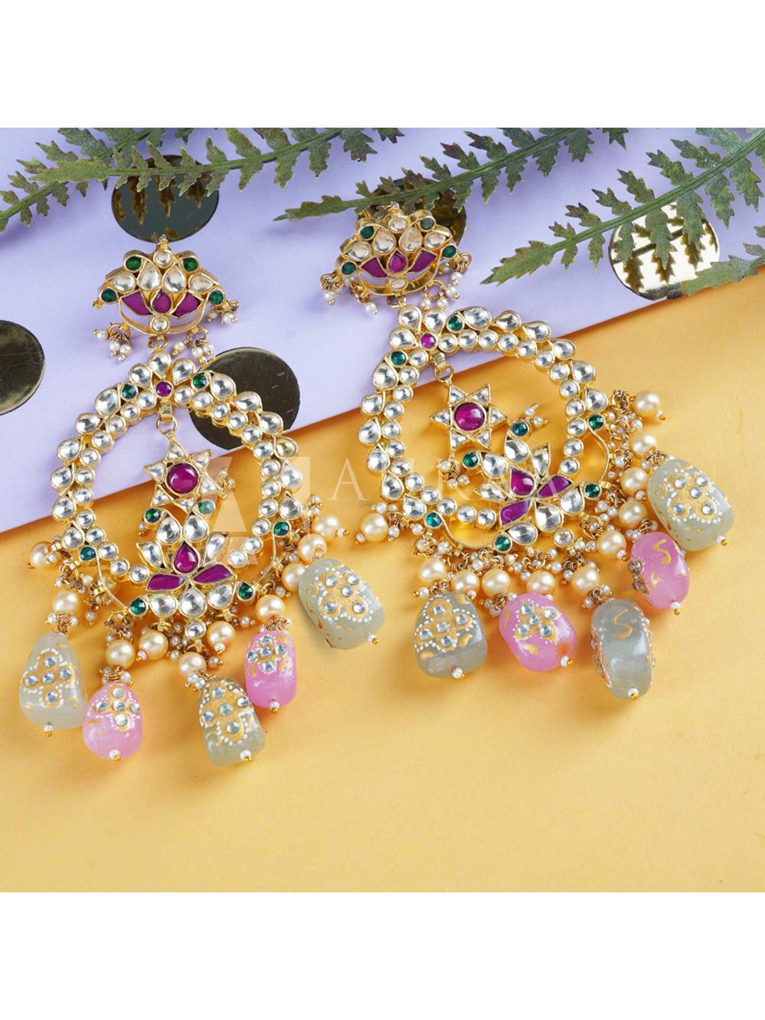 

AURAA TRENDS Pink Kundan Chandbali Earring
