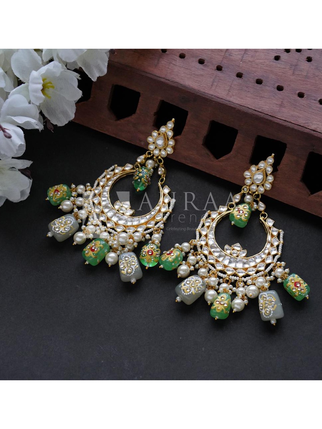 

AURAA TRENDS White & Green Contemporary Chandbalis Earrings