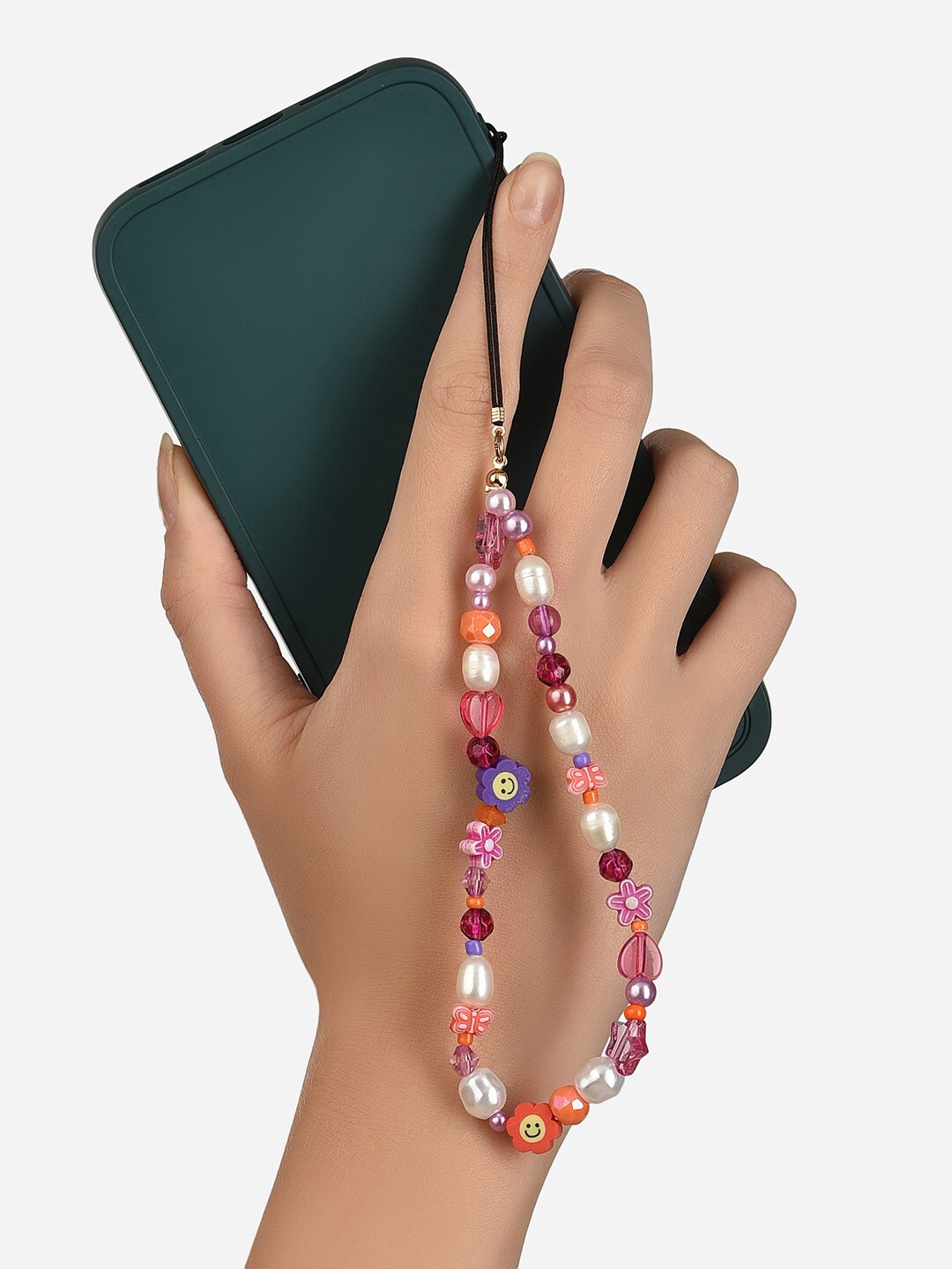 

Lilly & sparkle Women Orange & Pink Smiley And Pearl Beaded Mobile Chain