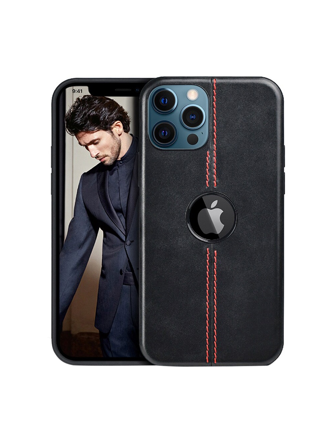 

TREEMODA Black & Red Solid iPhone 12 Pro Max Leather Back Case