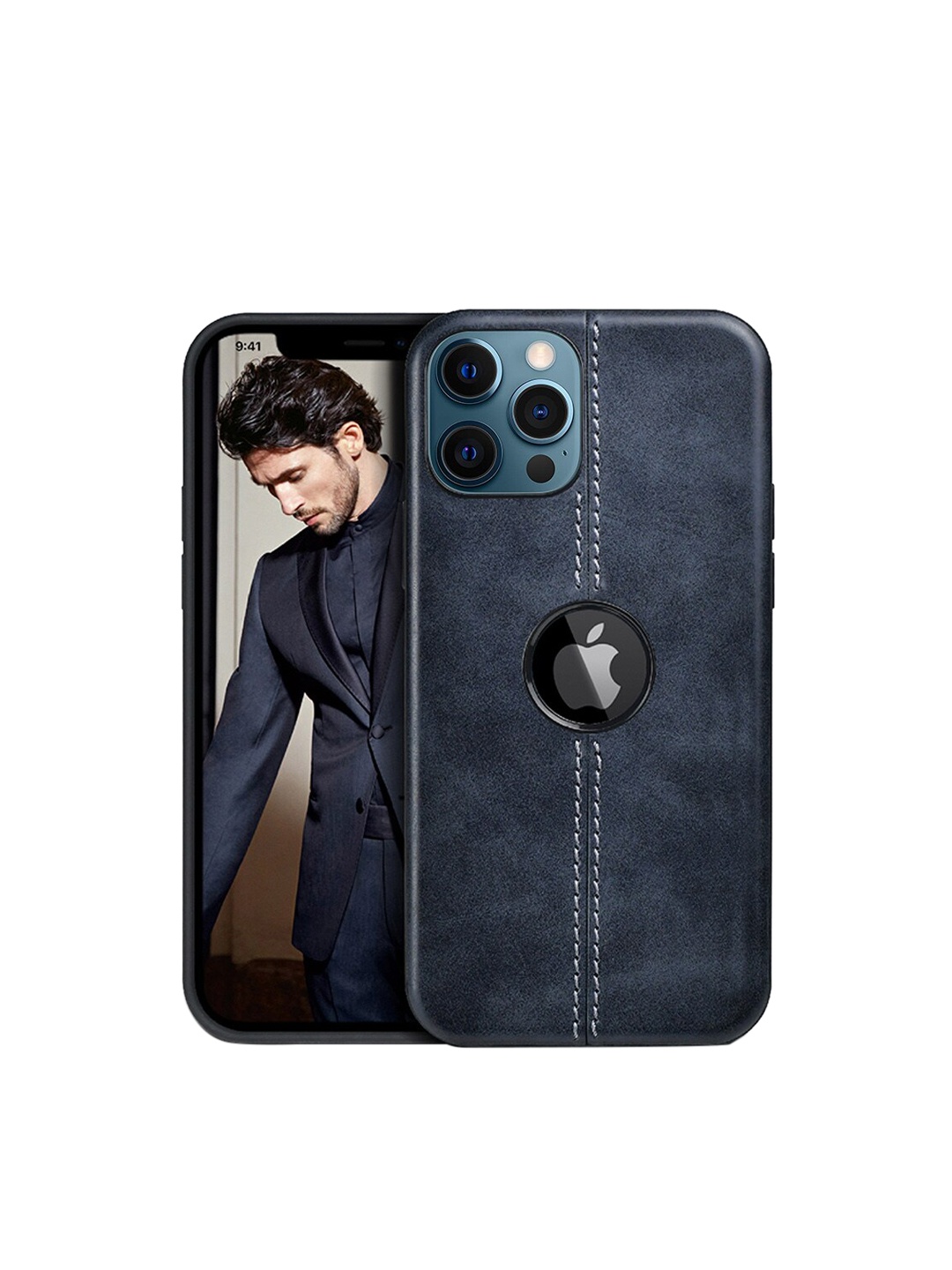 

TREEMODA Unisex Navy Blue Solid Leather iPhone 12 Pro Back Case