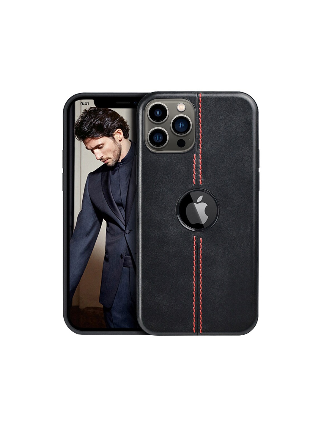 

TREEMODA Black Solid iPhone 13 Pro Leather Back Case