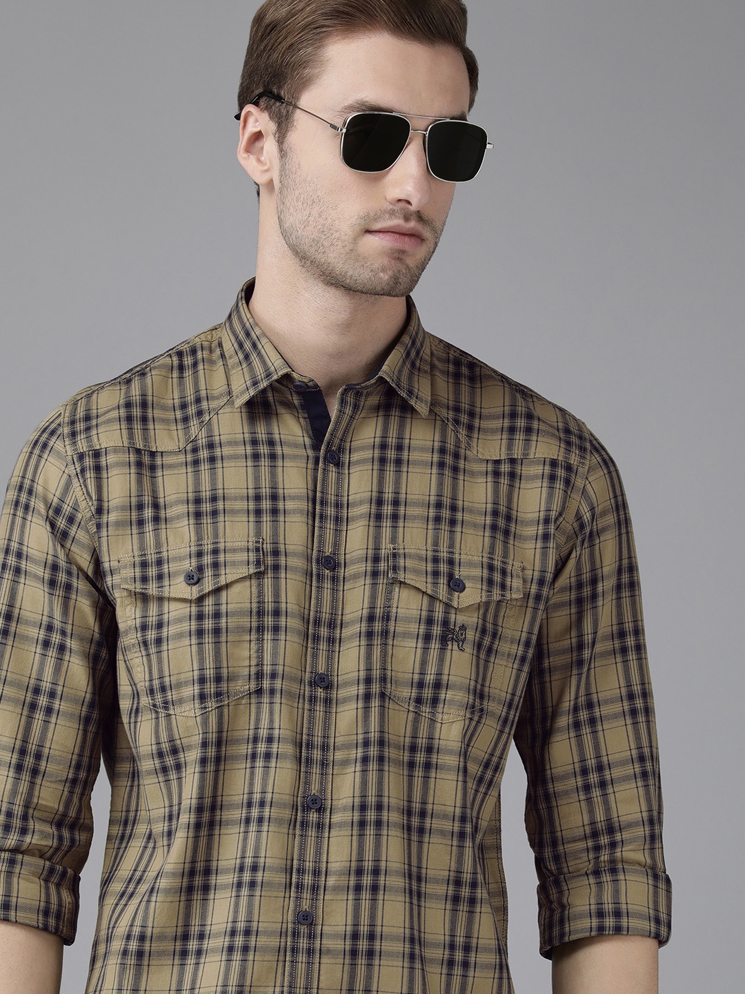 

Van Heusen ACADEMY Men Khaki & Black Slim Fit Checked Pure Cotton Casual Shirt