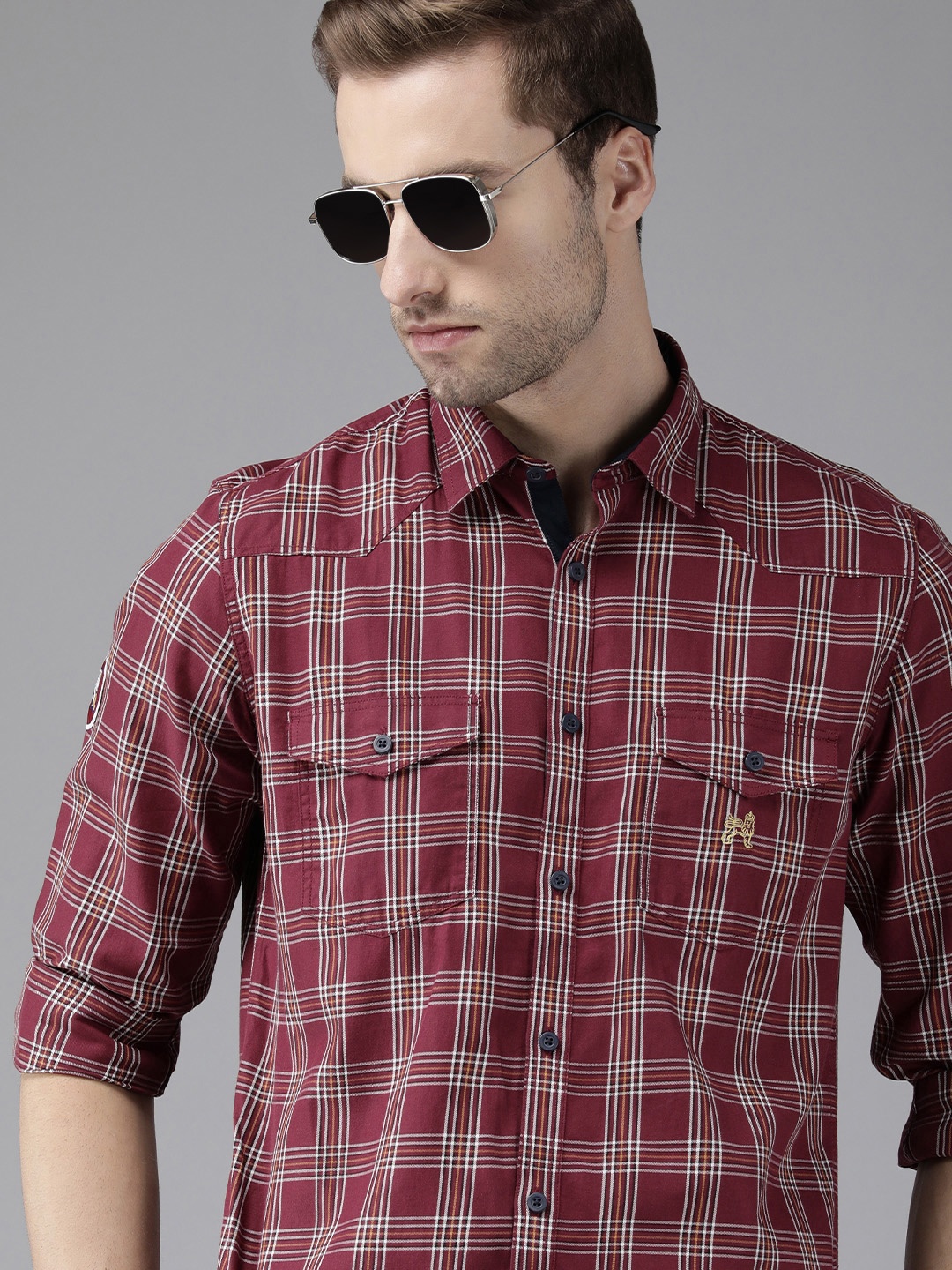 

Van Heusen ACADEMY Men Maroon Slim Fit Checked Pure Cotton Casual Shirt