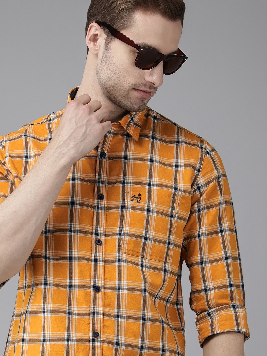 

Van Heusen ACADEMY Men Mustard Slim Fit Checked Pure Cotton Casual Shirt