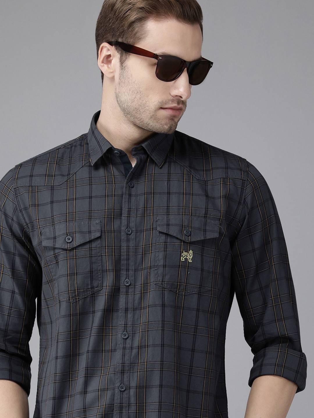 

Van Heusen ACADEMY Men Charcoal Grey Slim Fit Checked Pure Cotton Casual Shirt