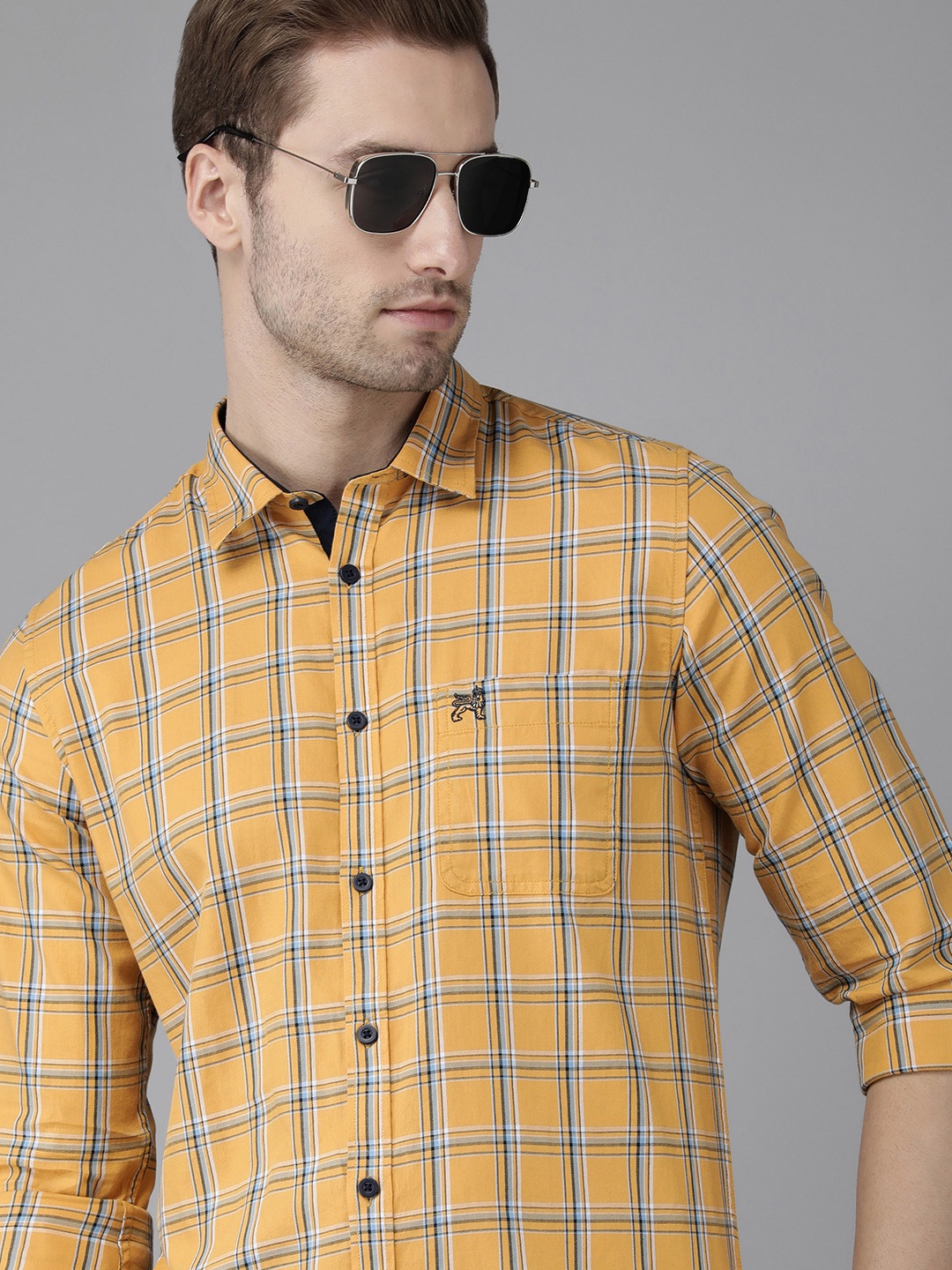 

Van Heusen ACADEMY Men Yellow Checked Pure Cotton Casual Shirt