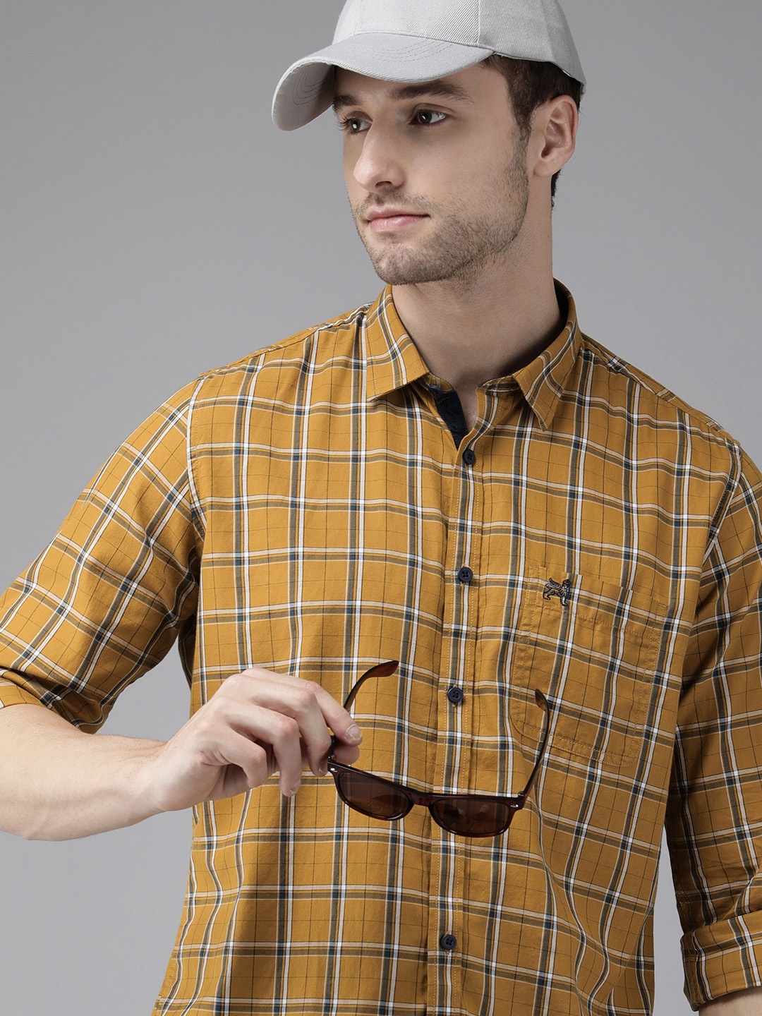 

Van Heusen ACADEMY Men Mustard Slim Fit Checked Pure Cotton Casual Shirt
