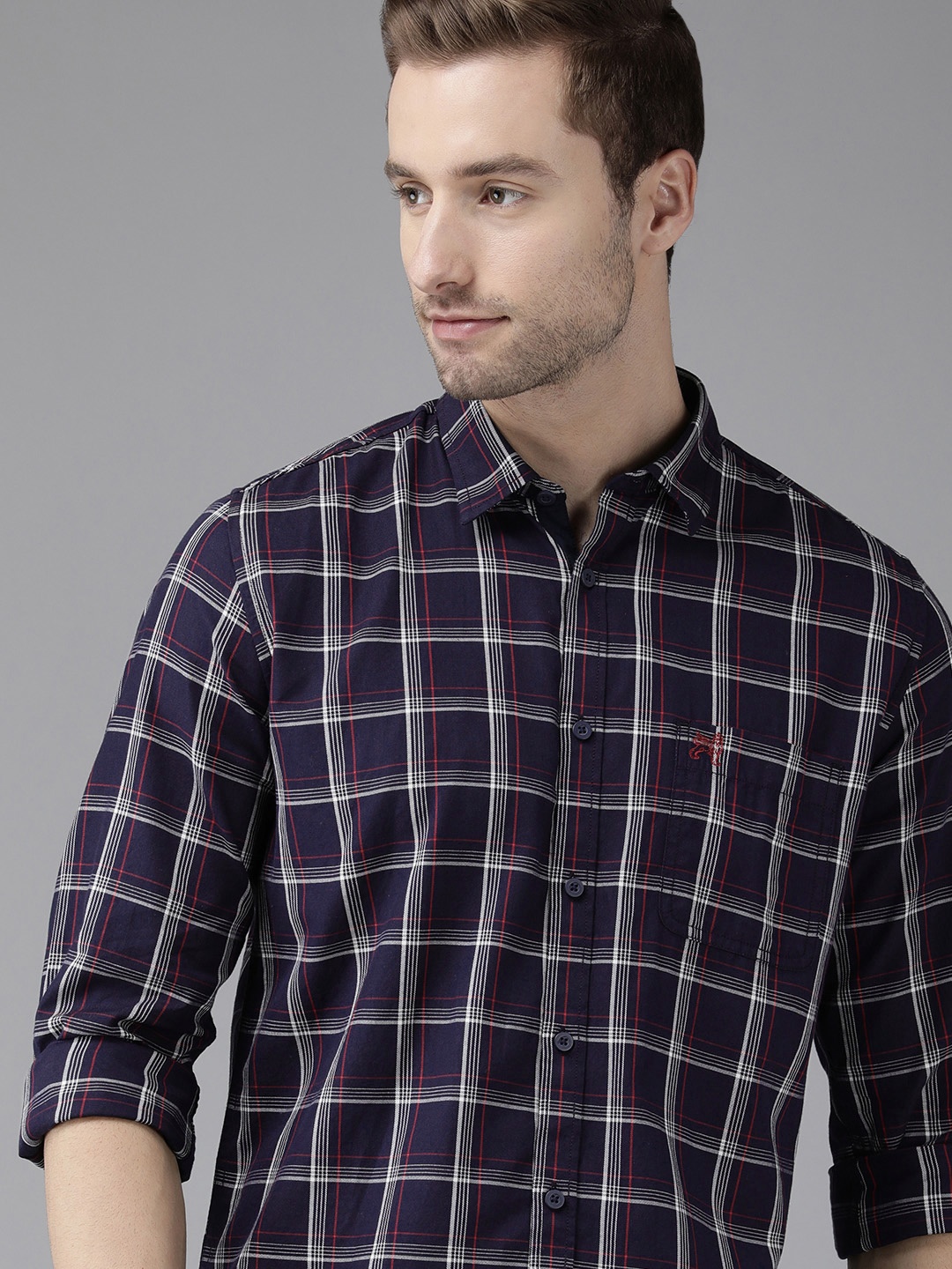 

Van Heusen ACADEMY Men Navy Blue & Grey Slim Fit Checked Pure Cotton Casual Shirt