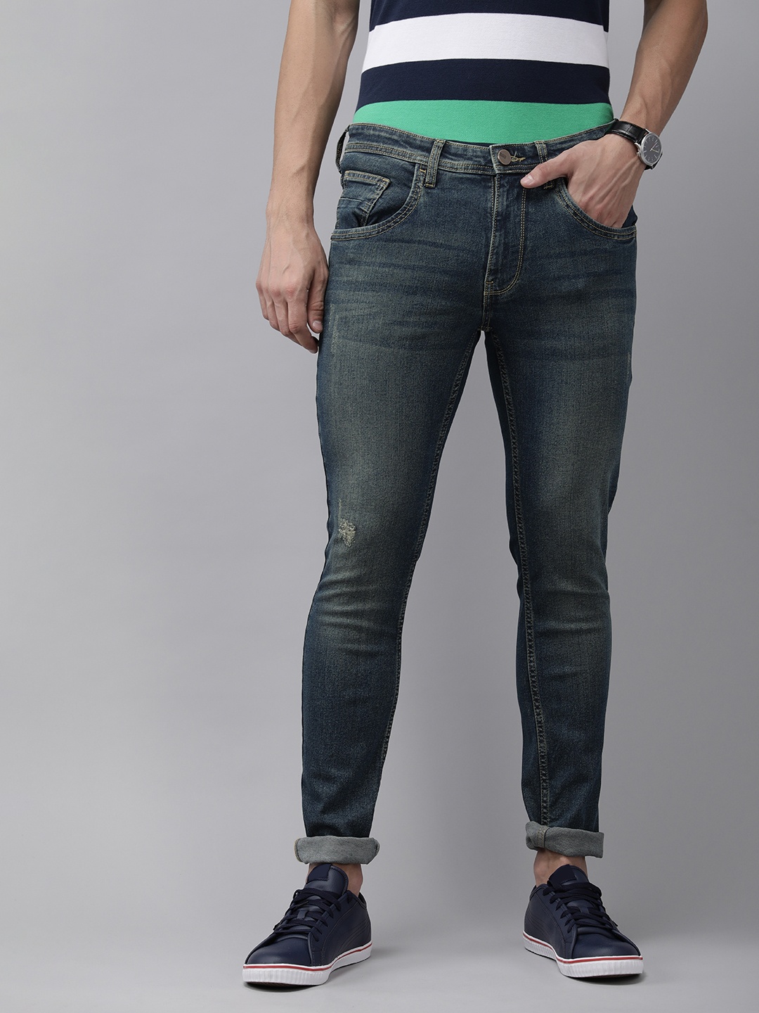 

Van Heusen ACADEMY Men Navy Blue Skinny Fit Low Distress Light Fade Jeans