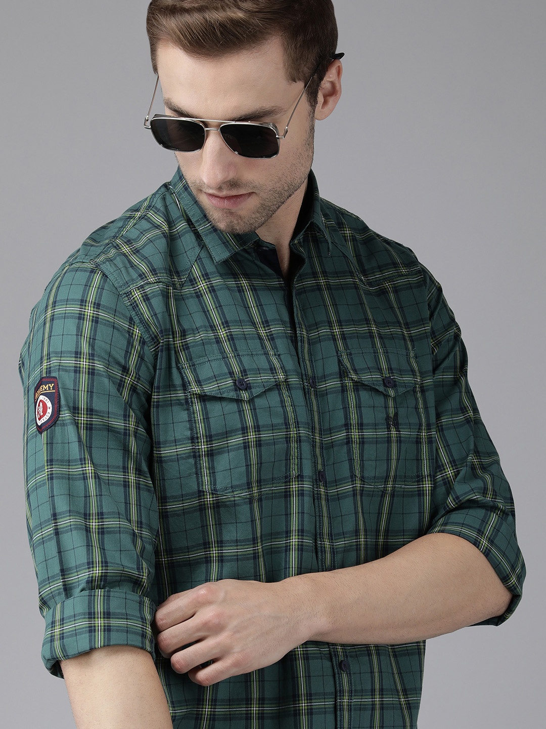 

Van Heusen ACADEMY Men Green Slim Fit Checked Casual Shirt