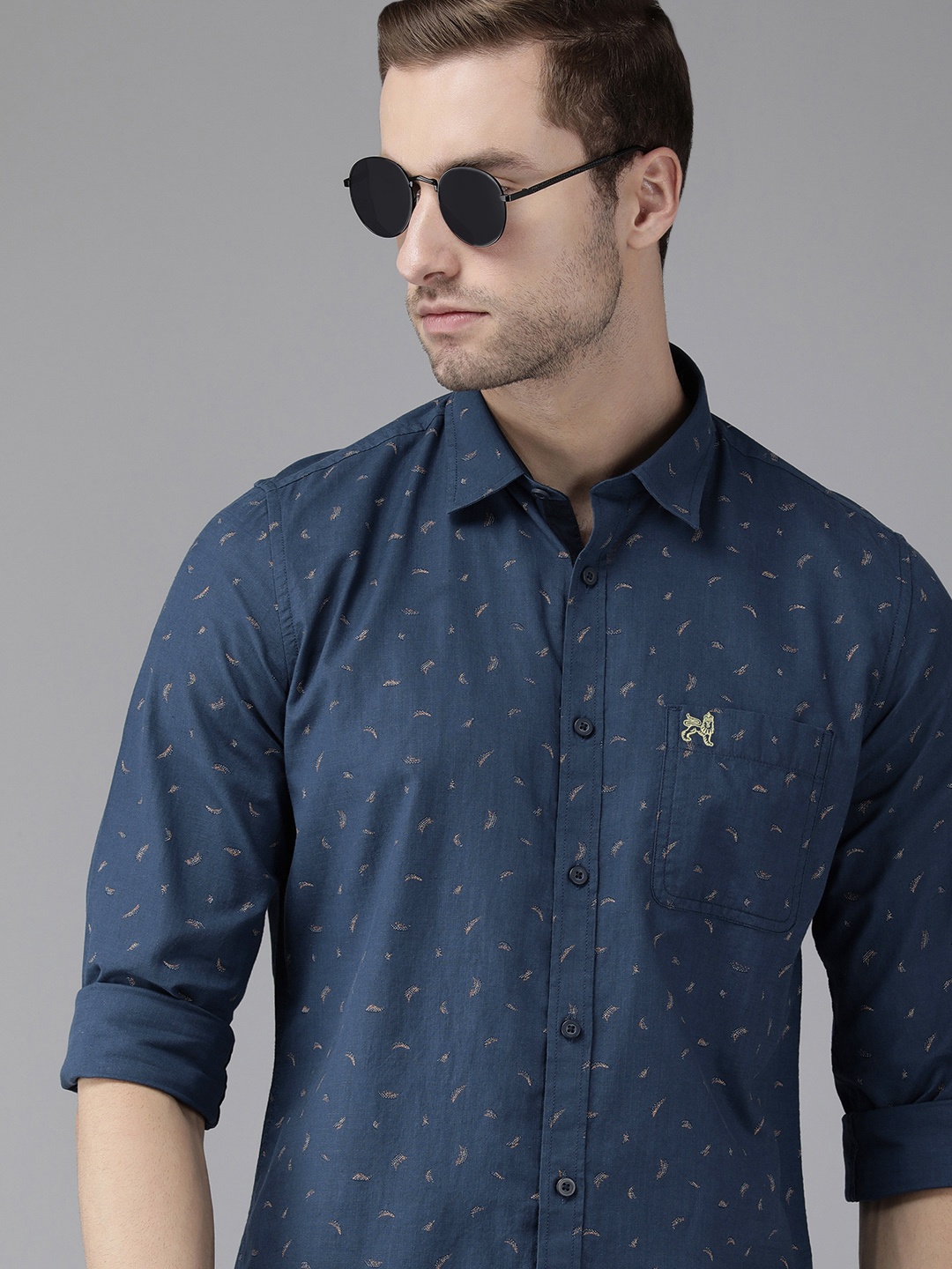 

Van Heusen ACADEMY Men Navy Blue Slim Fit Printed Pure Cotton Casual Shirt