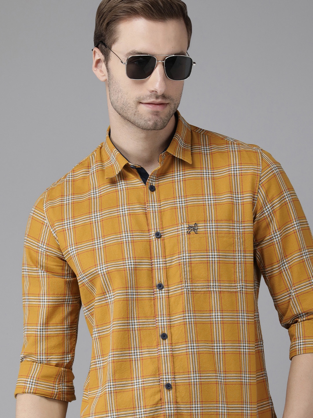 

Van Heusen ACADEMY Men Mustard Yellow Slim Fit Checked Casual Shirt