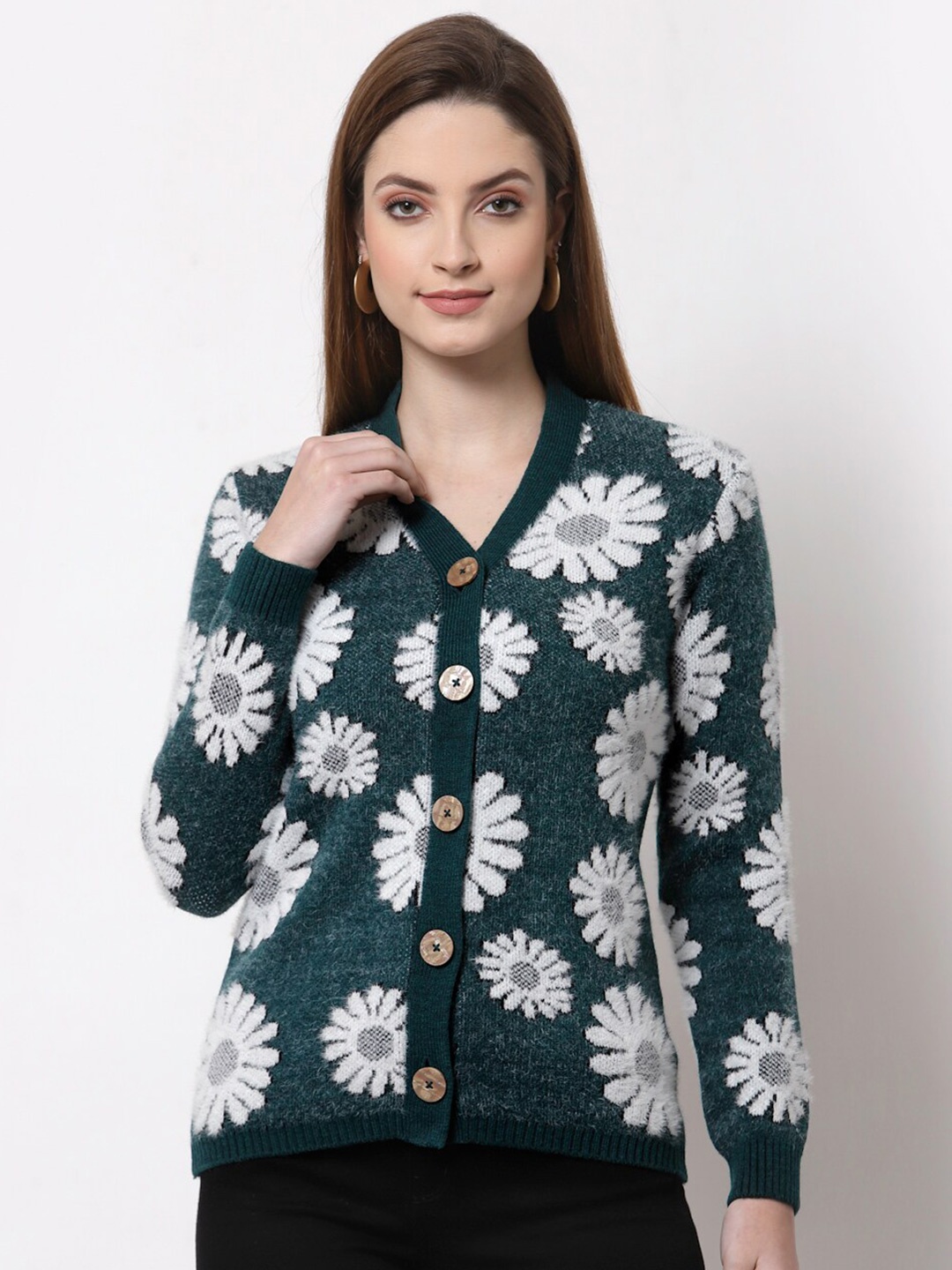 

Kalt Women Teal & White Floral Printed Sweater Vest