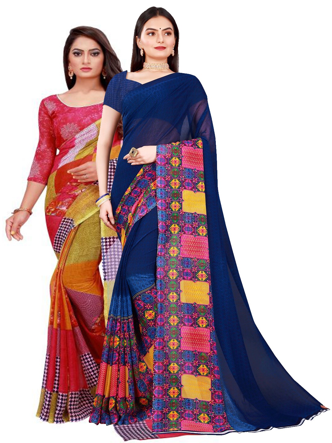 

KALINI Red & Navy Blue Pack f 2 Printed Pure Georgette Saree