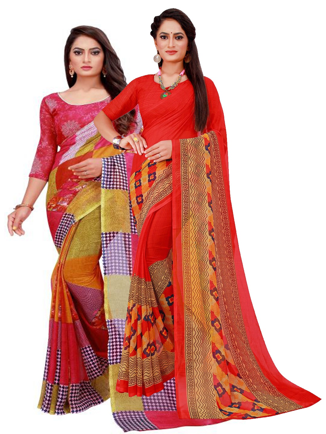 

KALINI Red Floral Set of 2 Pure Georgette Saree