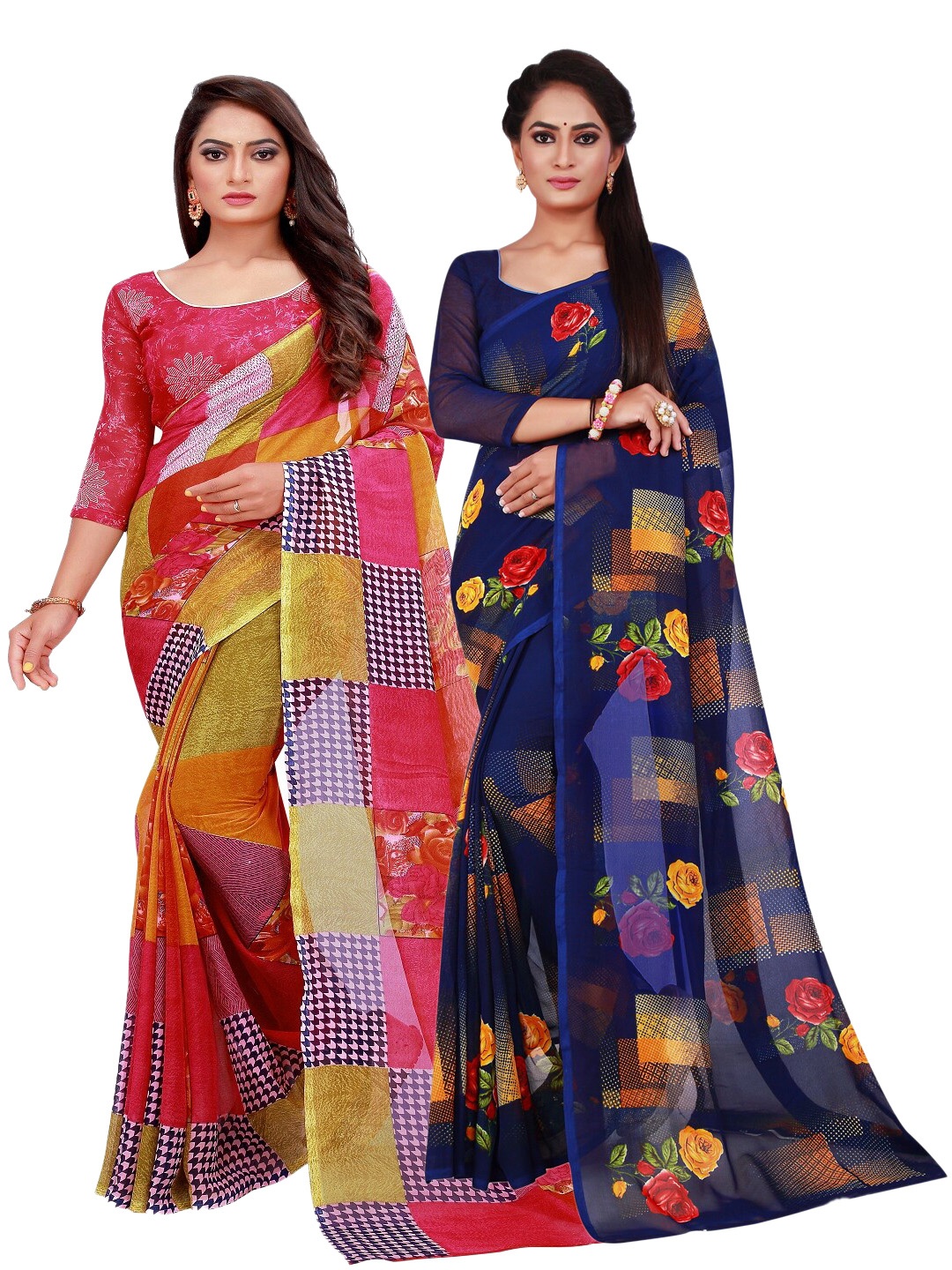 

KALINI Pack Of 2 Red & Navy Blue Floral Pure Georgette Saree