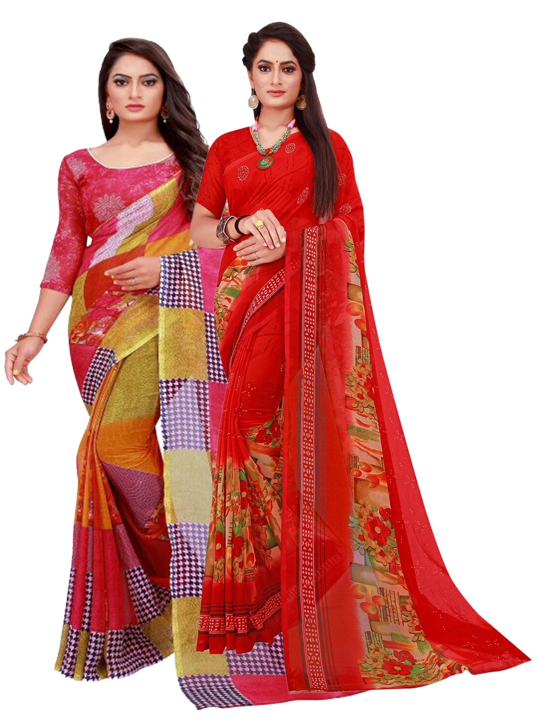 

KALINI Red & Green Set of 2 Pure Georgette Saree