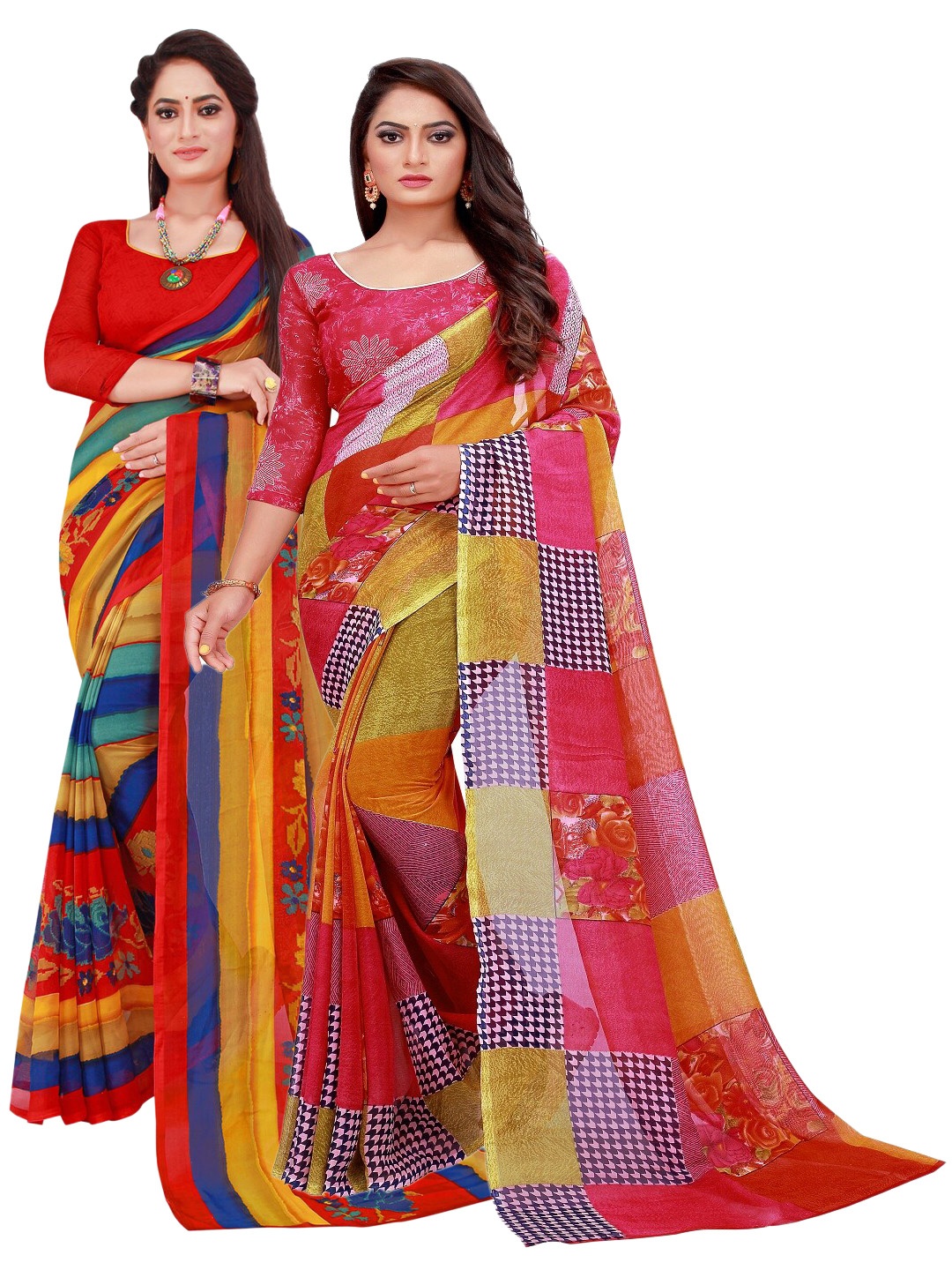 

KALINI Red & Blue Pack f 2 Printed Pure Georgette Saree