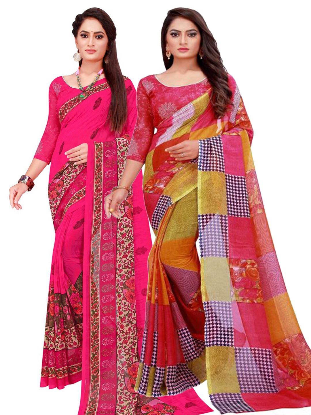 

KALINI Red & Magenta Floral Pure Georgette Saree