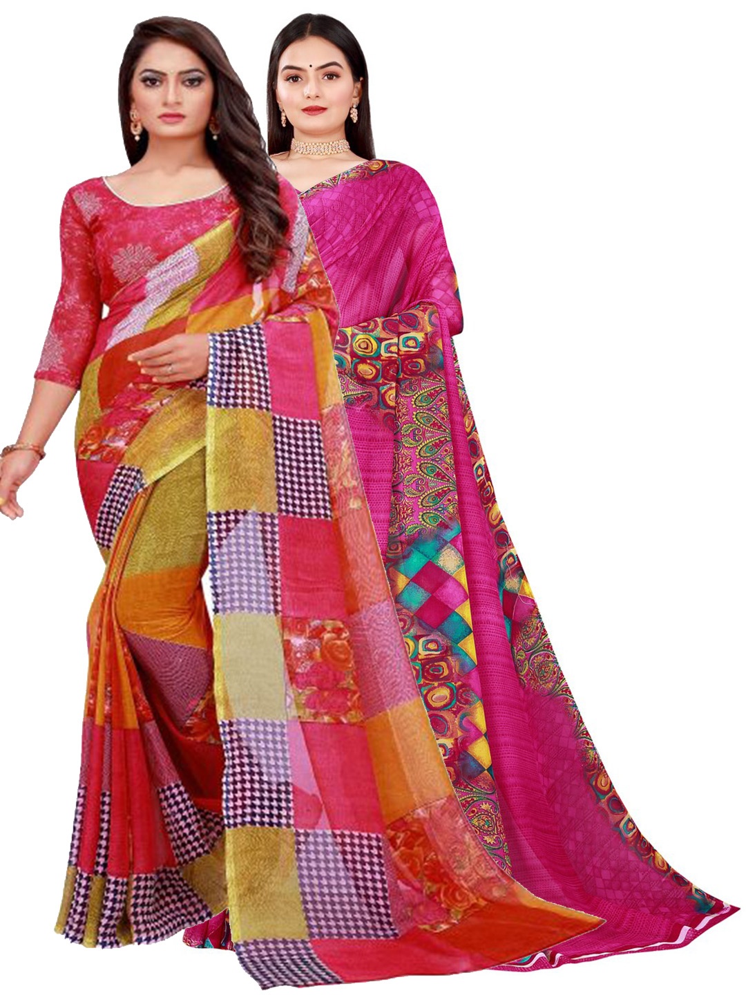 

KALINI Magenta & Red Floral Set of 2 Pure Georgette Saree